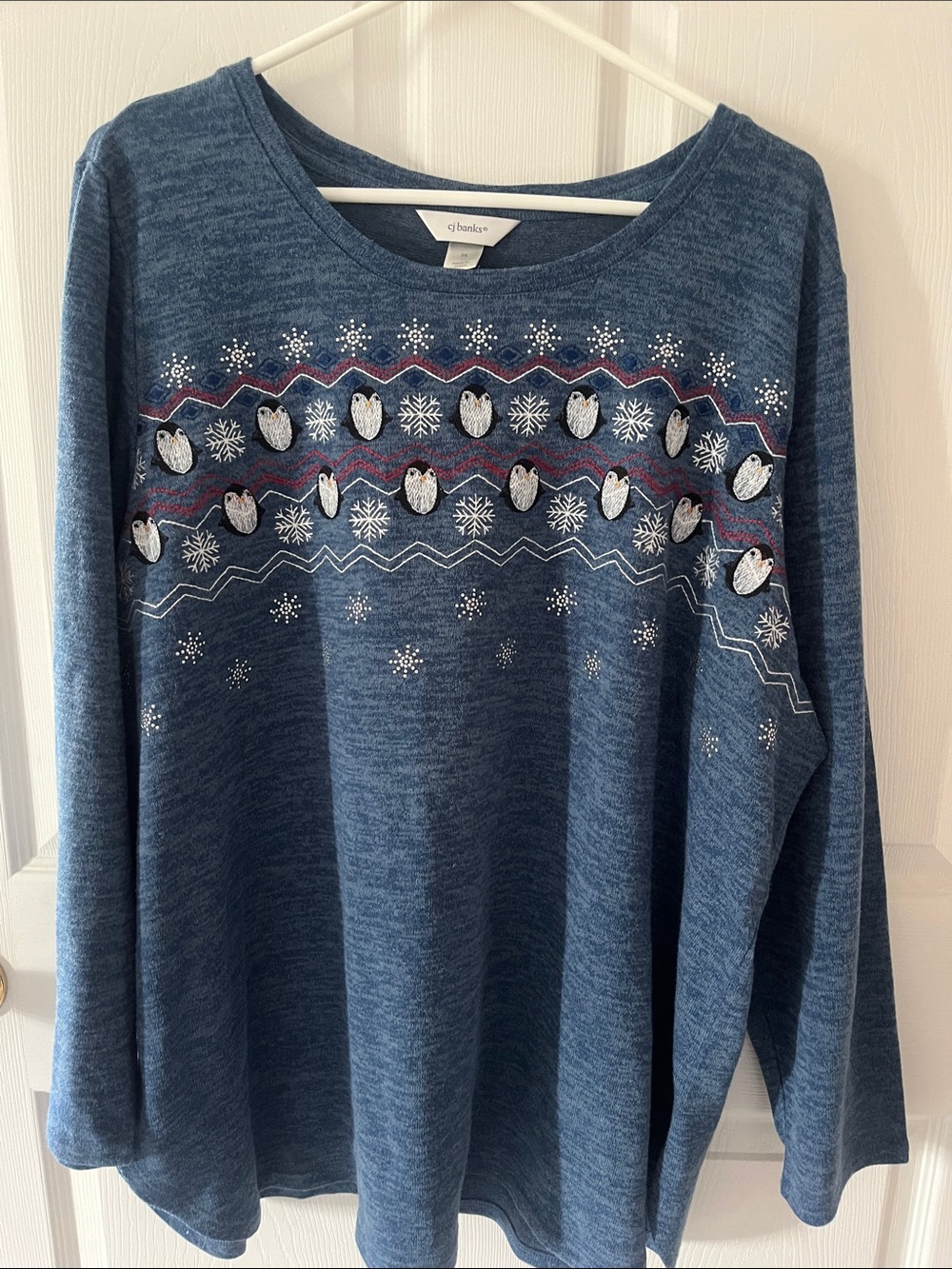 CJ Banks Blue Penguin Fair Isle Crewneck Sweater with Red Accents